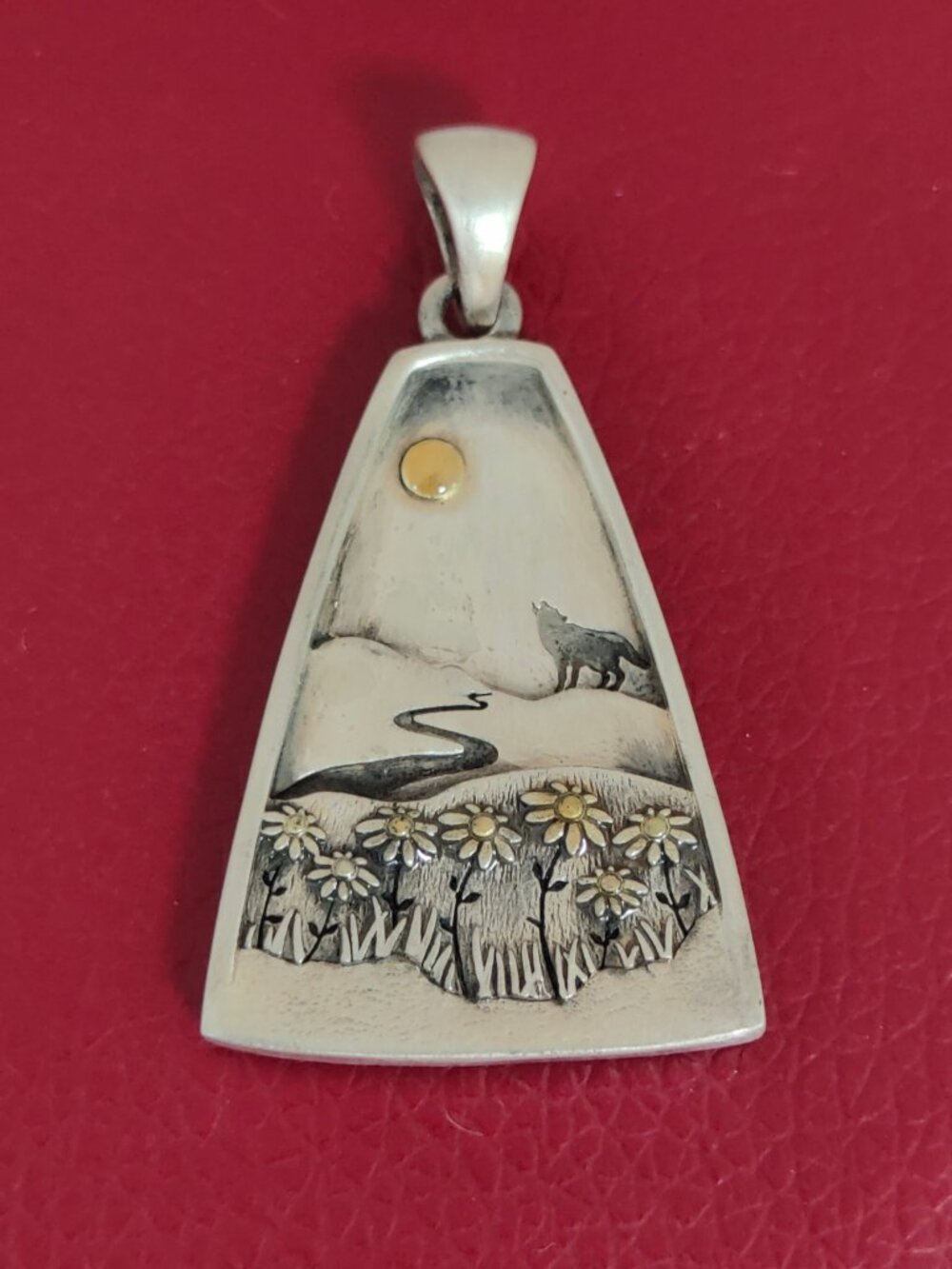 Trapezoid Wolf Prairie Pendant Two-Tone Daisy Flower Sun River Wildlife Charm